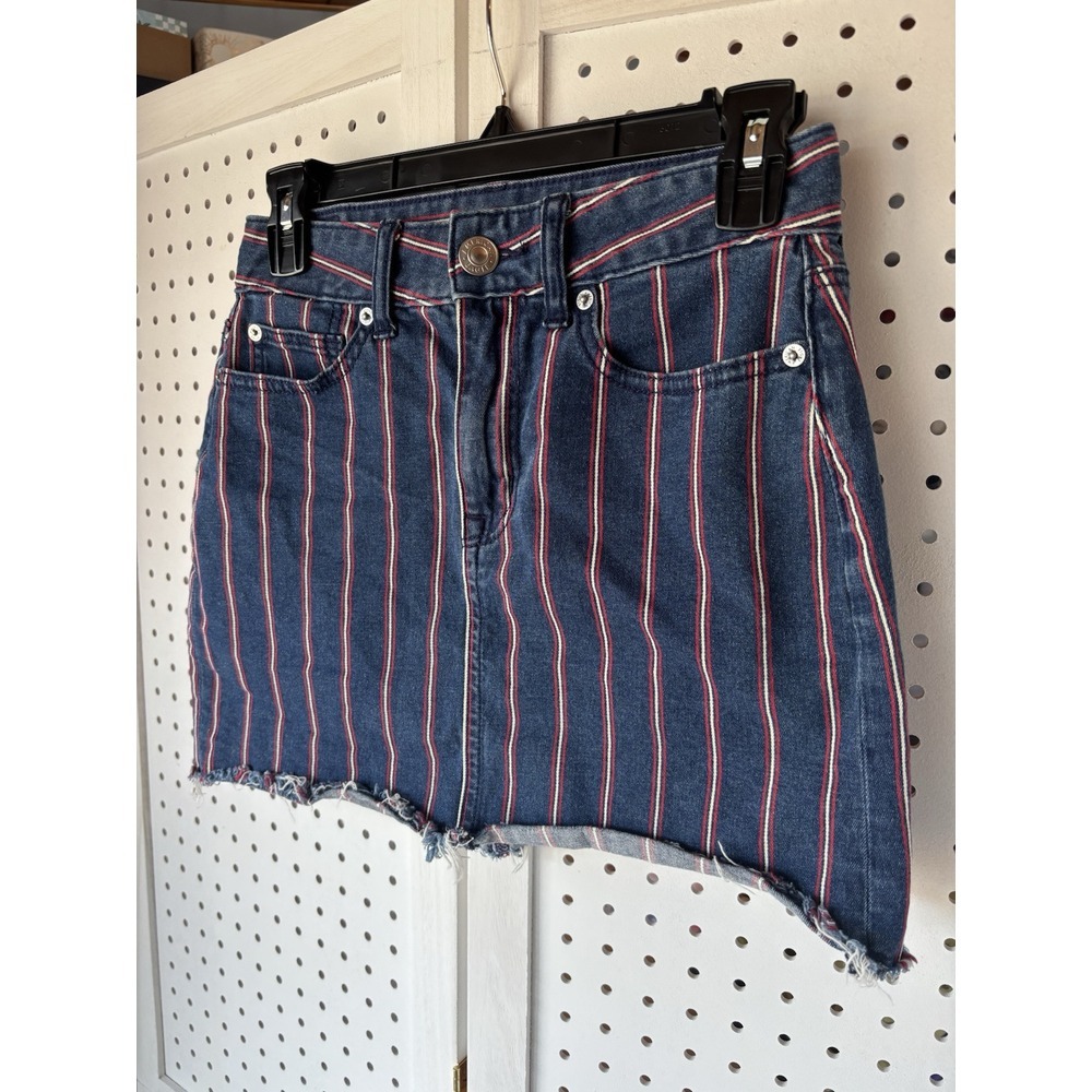 American Eagle Red White & Blue Striped Hi Rise Women's Size 0 Denim Mini Skirt - Picture 2 of 10